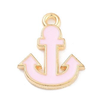 Light Gold Plated Alloy Enamel Charms, Cadmium Free & Lead Free, Anchor Charm, Pink, 15.5x12.5x2mm, Hole: 1.5mm