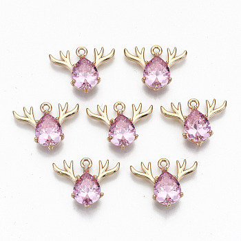Brass Glass Rhinestone Pendants, Long-Lasting Plated, Cadmium Free & Lead Free, Christmas Reindeer/Stag, for Christmas, Light Gold, Light Rose, 15x20x5mm, Hole: 1.5mm