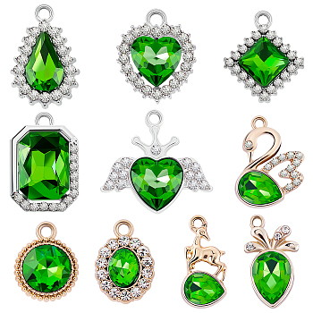 40Pcs 10 Style UV Plating Alloy Pendants, with Crystal Rhinestone and Glass, Swan & Sheep & Teardrop & Heart & Rhombus Charms, Green, 17.5~22x10~22.5x4~6mm, Hole: 1.5~2mm, 4Pcs/style