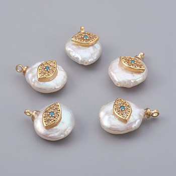 Natural Cultured Freshwater Pearl Pendants, with Cubic Zirconia and Brass Findings, Long-Lasting Plated, Eye, Real 18K Gold Plated, 14~21x9~16x5~9mm, Hole: 1.5mm