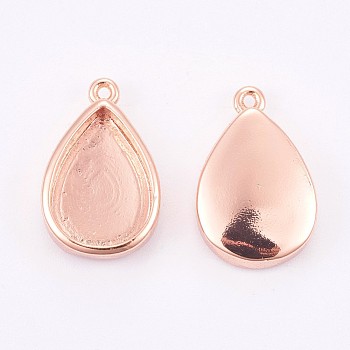 Brass Pendant Cabochon Settings, Plain Edge Bezel Cups, Long-Lasting Plated, teardrop, Rose Gold,Size: about 10.5~11.5mm wide, 16.6mm long, 3.5mm thick, hole: 0.8mm, tray: 12.5x8.7mm.