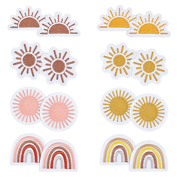 Sun & Rainbow Cloth Patches, Polyester Embroidery Appliques, Sewing Craft Decoration, Mixed Color, 36~48x47~58x1.5mm, 16pcs/set