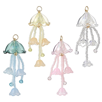 Glass Seed Beaded Jellyfish Big Pendants, with Pearlized Glass Pearl Bead & Glass & 304 Stainless Steel Jump Ring, Mixed Color, 59x23.5mm, Hole: 4.5mm