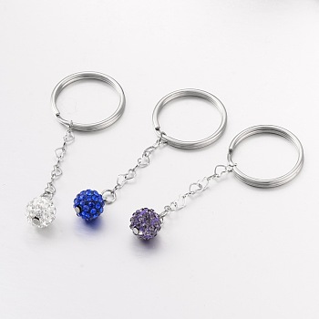 Round Polymer Clay Rhinestone Keychain, 316 Surgical Stainless Steel Key Rings, Mixed Color, 67mm