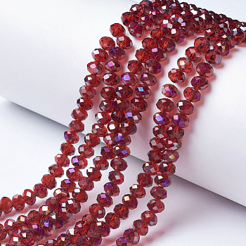 Electroplate Transparent Glass Beads Strands, Half Rainbow Plated, Faceted, Rondelle, FireBrick, 3.5x3mm, Hole: 0.4mm, about 123~127pcs/strand, 13.7~14.1 inch(35~36cm)
