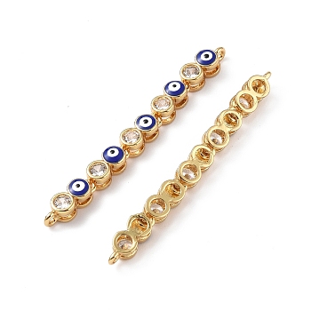 Brass Pave Clear Cubic Zirconia Connector Charms, Evil Eye Links, with Enamel, Real 18K Gold Plated, 45x4x3mm, Hole: 1mm