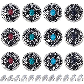 12Pcs 4 Colors 1-Hole Alloy & Cat eye Turquoise Buttons, Flat Round with Leaf Pattern, for DIY Luggage and Hardware Accessaries, Mixed Color, 30x11~11.8mm, Hole: 2.5mm, 3pcs/color