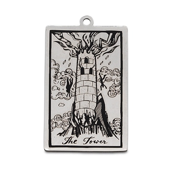 201 Stainless Steel Pendants, Laser Engraved Pattern, Tarot Card Pendants, The Tower XVI, 40x24x1mm, Hole: 2mm