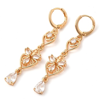 Rack Plating Golden Brass Dangle Leverback Earrings, with Cubic Zirconia, Flower, Clear, 53x10.5mm