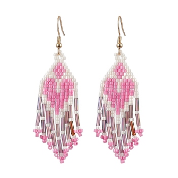 Heart Glass Seed Beaded Tassel Dangle Earrings for Women, Golden, Hot Pink, 69x20mm