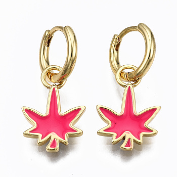Brass Enamel Huggie Hoop Earrings, Nickel Free, Real 16K Gold Plated, Maple Leaf, Camellia, 27x13mm, Pin: 1mm