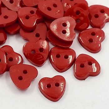 Acrylic Heart Buttons, Plastic Sewing Buttons for Costume Design, 2-Hole, Dyed, Dark Red, 12x12x3mm, Hole: 1mm