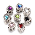 Alloy European Beads, with Rhinestones, Large Hole Beads, Heart, Antique Silver, Mixed Color, 13x11.5x9.5mm, Hole: 4.5mm(X-PALLOY-P105-04)
