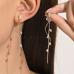 Brass Leaf Tassel Stud Earrings, with Rhinestone, Light Gold, 68x15mm(WH-WG35BBA-01)