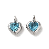 304 Stainless Steel Micro Pave Cubic Zirconia Pendants, Heart Charms, Deep Sky Blue, 7x5x2.5mm, Hole: 1.5mm(STAS-L022-396C-P)