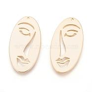 Brass Pendants, Face, Real 18K Gold Plated, 38x19.5x1mm, Hole: 1.2mm(X-KK-Q750-021G)