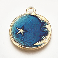 Alloy Enamel Pendants, Cadmium Free & Lead Free, Flat Round with Moon and Star, Golden, Marine Blue, Golden, 26x21x2.5mm, Hole: 2.5mm(X-ENAM-Q428-08A)