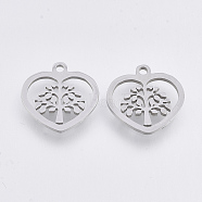 201 Stainless Steel Pendants, Laser Cut Pendants, Heart with Tree, Stainless Steel Color, 13.5x13.5x1mm, Hole: 1.4mm(STAS-T044-80P)