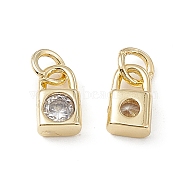 Brass Micro Pave Clear Cubic Zirconia Charms, with Jump Ring, Lock Charm, Real 18K Gold Plated, 9x5x3mm, Hole: 3.4mm(KK-E068-VB226)