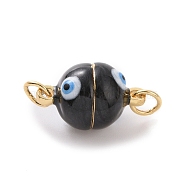 Brass Magnetic Clasps, with Enamel, Round with Evil Eye, Real 18K Gold Plated, Black, 16x10mm, Hole: 3mm(ZIRC-F136-10G-03)