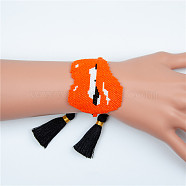 Miyuki Seed Braided Bead Bracelet with Double Tassel, Sexy Lip Friendship Bracelet for Women, Orange Red, 11 inch(28cm)(BJEW-A121-10A)