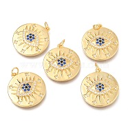 Brass Micro Pave Clear & Blue Cubic Zirconia Pendants, with Jump Rings, Flat Round with Eye, Real 18K Gold Plated, 23x20.6x3.6mm, Hole: 3.6mm(ZIRC-O036-42G)
