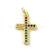 Brass Micro Pave Cubic Zirconia Pendants, Real 18K Gold Plated, Cross Charms, Colorful, 17.5x10.5x2mm, Hole: 3mm(KK-M283-20J-02)