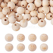 Cheriswelry 80Pcs 8 Styles Unfinished Natural Wood European Beads, Large Hole Beads, Laser Engraved Pattern, Round with Animal, Old Lace, 15~16x14~15mm, Hole: 4mm, 10pcs/style(WOOD-CW0001-04)