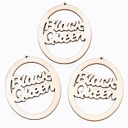Undyed Natural Wooden Big Pendants, Laser Cut Shapes, Donut with Word Black Queen, Antique White, 83x66.5x2mm, Hole: 2mm(WOOD-N007-115)