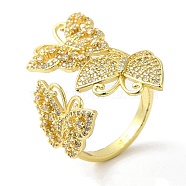 Clear Cubic Zirconia Triple Butterfly Open Cuff Ring, Rack Plating Brass Jewelry, Lead Free & Cadmium Free, Real 18K Gold Plated, US Size 7(17.3mm)(RJEW-F147-02G)