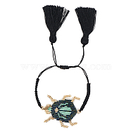 MIYUKI Seed Beetle Link Bracelet with Double Tassel, Adjustable Bracelet for Women, Dark Green, 11 inch(28cm)(BJEW-A23-01-32)