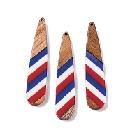 Independence Day Opaque Striped Resin & Walnut Wood Pendants, Geometric Charms, Teardrop, 53.4x11x3.6mm, Hole: 1.5mm(RESI-U010-02E)