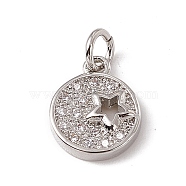 Brass Micro Pave Cubic Zirconia Charms, with Jump Rings, Flat Round with Star Charm, Platinum, 11.5x9.5x2.5mm, Hole: 2.7mm(ZIRC-F132-91P)