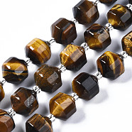 Natural Tiger Eye Beads Strands, with Seed Beads, Faceted, Polygon, 10x9.5mm, Hole: 1.2mm, about 32~33pcs/strand, 14.76 inch~15.28 inch(37.5cm~38.8cm)(G-T132-045C)
