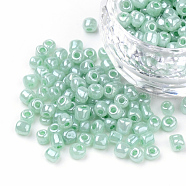 (Repacking Service Available) Glass Seed Beads, Ceylon, Round, Aqua, 8/0, 3mm, Hole: 1mm, about 12g/bag(SEED-C020-3mm-154)