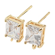 Brass with Cubic Zirconia Stud Earring Findings, Rectangle, with Vertical Loops, Real 18K Gold Plated, 12x7mm, Hole: 1.6mm, Pin: 0.9mm(X-KK-Q789-14G)