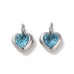 304 Stainless Steel Micro Pave Cubic Zirconia Pendants, Heart Charms, Deep Sky Blue, 7x5x2.5mm, Hole: 1.5mm(STAS-L022-396C-P)