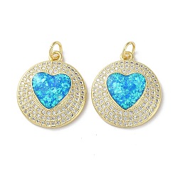 Brass Micro Pave Clear Cubic Zirconia Pendants, with Synthetic Opal and Jump Ring, Real 18K Gold Plated, Flat Round, 20.5x18x3.4mm, Hole: 3.6mm(KK-C045-01B-G)