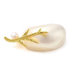 Oval Natural White Shell Brooches for Women, with Brass Pin & Pearl, Real Gold Plated, White, 24~24.5x49.5~57x14~18.5mm(JEWB-E031-04G-03)