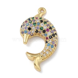 Rack Plating Brass Micro Pave Cubic Zirconia Pendants, Long-Lasting Plated, Lead Free & Cadmium Free, Dolphin Charms, Real 18K Gold Plated, 25x14x4.5mm, Hole: 1.2mm(KK-G515-40G-03)