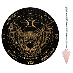 AHADEMAKER 1Pc Cone/Spike/Pendulum Natural Rose Quartz Stone Pendants, 1Pc 304 Stainless Steel Cable Chain Necklaces, 1Pc PVC Custom Pendulum Board, Dowsing Divination Board, Owl Pattern, Board: 200x4mm(DIY-GA0004-59A)