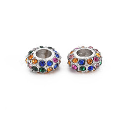 Rack Plating Alloy European Beads, with Rhinestone, Large Hole Beads, Cadmium Free & Nickel Free & Lead Free, Flat Round, Platinum, Colorful, 10x4mm, Hole: 4mm(MPDL-N039-178)