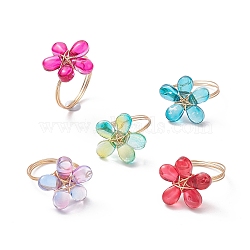 Transparent Glass Finger Ring, with Eco-Friendly Copper Wire Wrapped Ring for Women, Long-Lasting Plated, Flower, Mixed Color, US Size 7 1/4(17.5mm)(RJEW-JR00559)