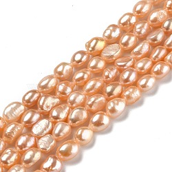 Natural Cultured Freshwater Pearl Beads Strands, Rice, Dyed, PeachPuff, 8~9.5x4~6mm, Hole: 0.7mm, about 40pcs/strand, 13.98 inch(35.5cm)(PEAR-L033-32E-01)