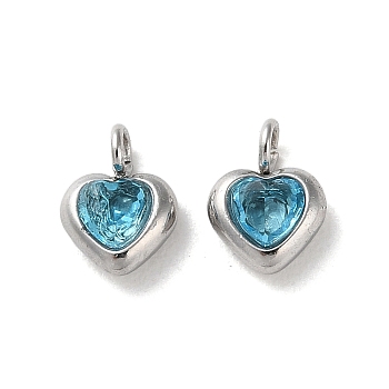 304 Stainless Steel Micro Pave Cubic Zirconia Pendants, Heart Charms, Deep Sky Blue, 7x5x2.5mm, Hole: 1.5mm