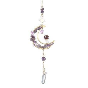 Wire Wrapped Natural Amethyst Chips & Brass Moon Pendant Decorations, with Nuggets Electroplated Natural Quartz Crystal and Mushroom Charms, 271~284mm