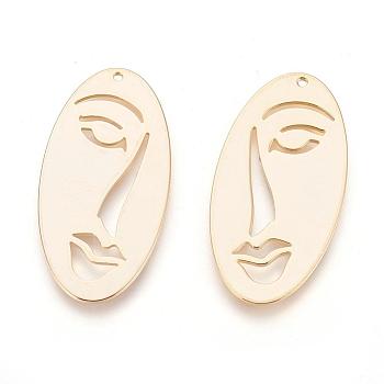 Brass Pendants, Face, Real 18K Gold Plated, 38x19.5x1mm, Hole: 1.2mm