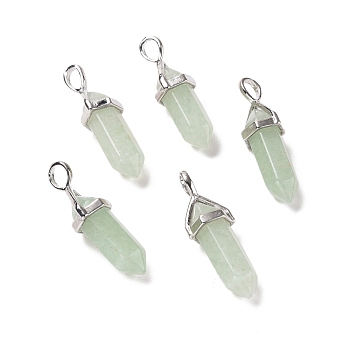 Natural Green Aventurine Pendants, Faceted, with Platinum Tone Brass Findings, Lead free & Cadmium Free, Bullet, 27~30x9~10x7~8mm, Hole: 4x3mm