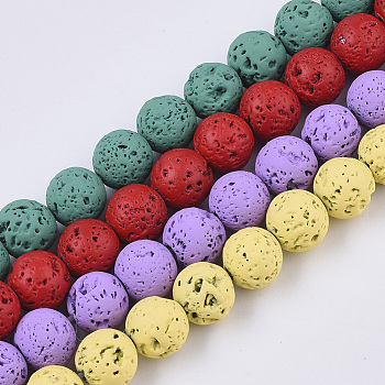 Spray Painted Natural Lava Rock Beads Strands, Round, Mixed Color, 8~9mm, Hole: 0.7mm, about 47~48pcs/Strand, 15.75 inch(40cm)