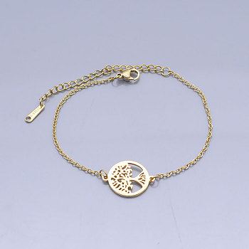 201 Stainless Steel Link Bracelets, with Lobster Claw Clasps, Tree of Life with Flat Round, Golden, 6-5/8 inch(16.8~16.9cm)